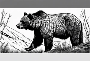A grizzly bear scene hunting a wolf in the wild tattoo idea