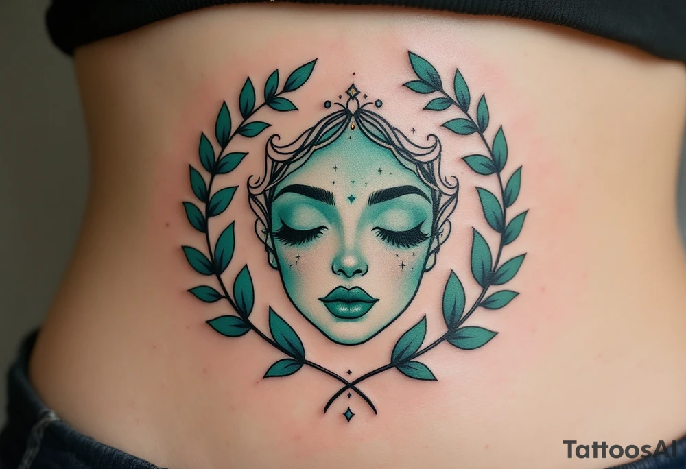A Virgo constellation in deep emerald green overlays a serene face framed by cornflower-blue laurel leaves. tattoo idea