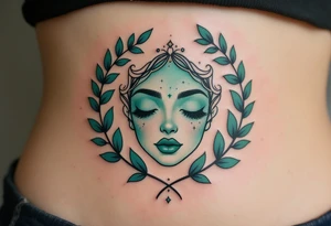 A Virgo constellation in deep emerald green overlays a serene face framed by cornflower-blue laurel leaves. tattoo idea