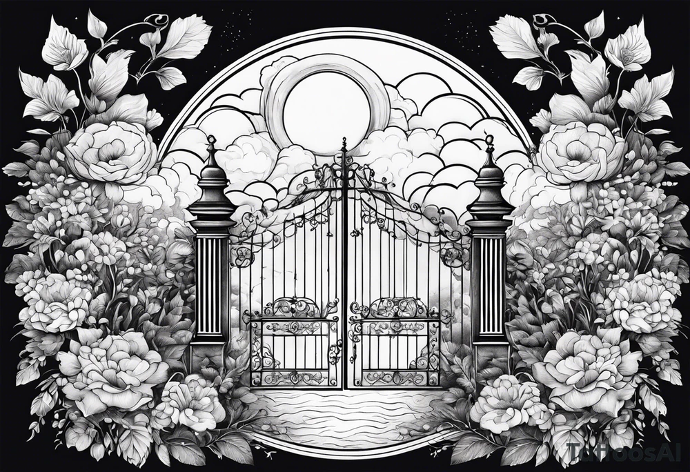 night town garden gate entrance
in circle vignette surrounded by clouds floral tattoo idea