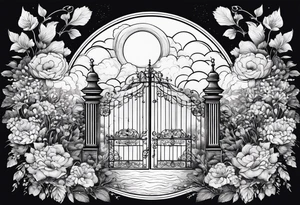 night town garden gate entrance 
 in circle vignette surrounded by clouds floral tattoo idea