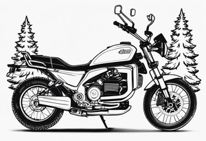 fine line without color, matching gear (wheel) UK, motorcycle (allroad) trees / forest, stag/antlers wedding date tattoo idea