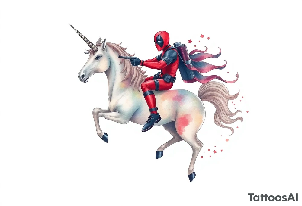 Deadpool riding a unicorn shooting Russian era rpg tattoo idea