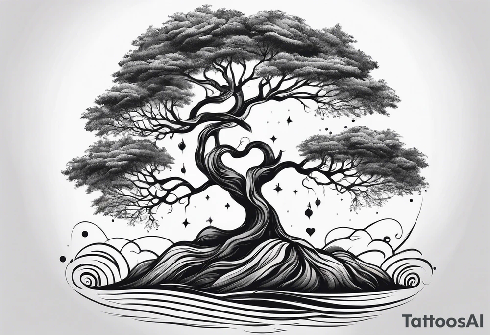 tree with roots growing around calming waves tattoo idea