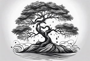 tree with roots growing around calming waves tattoo idea