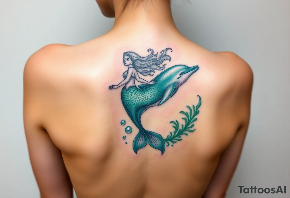 A mermaid riding a dolphin through an enchanted sea, blending deep emerald greens and luminous pearl whites tattoo idea