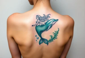 A mermaid riding a dolphin through an enchanted sea, blending deep emerald greens and luminous pearl whites tattoo idea
