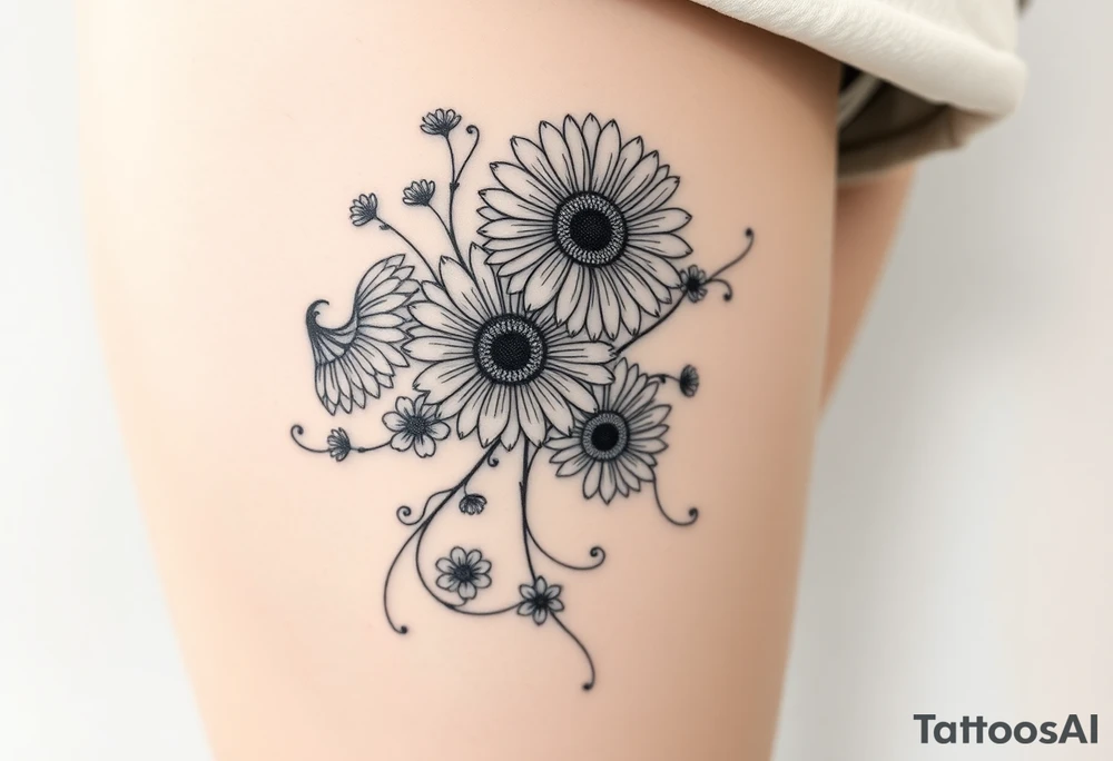 Fine line flower tattoo with three gerbera daisies along with smaller regular daisies and maybe other flowers or vines. Mix in a Celtic Serch Bythol symbol somehow and some fine line swirls, tendrils, or spirals as needed tattoo idea