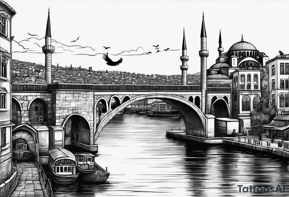 Istanbul bridge and behind them a yellow canary tattoo idea