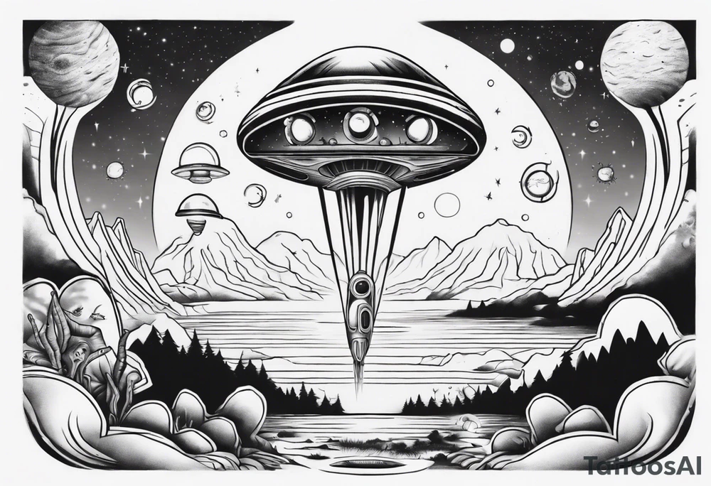Trippy alien/ufo scene for a leg sleeve tattoo tattoo idea