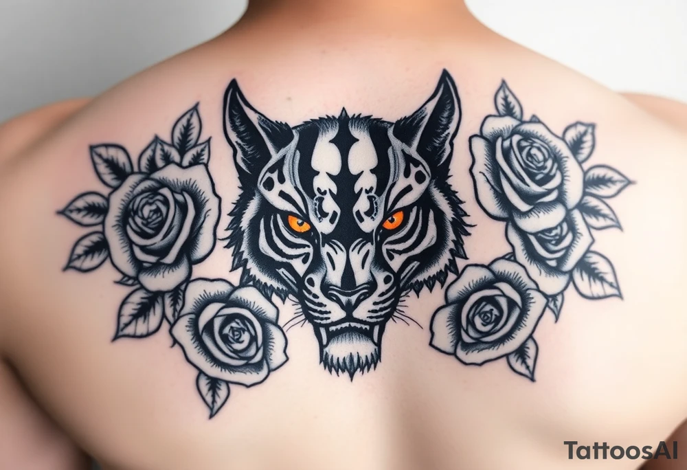 All black wold with orange eyes surrounded by blue roses tattoo idea