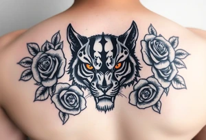 All black wold with orange eyes surrounded by blue roses tattoo idea