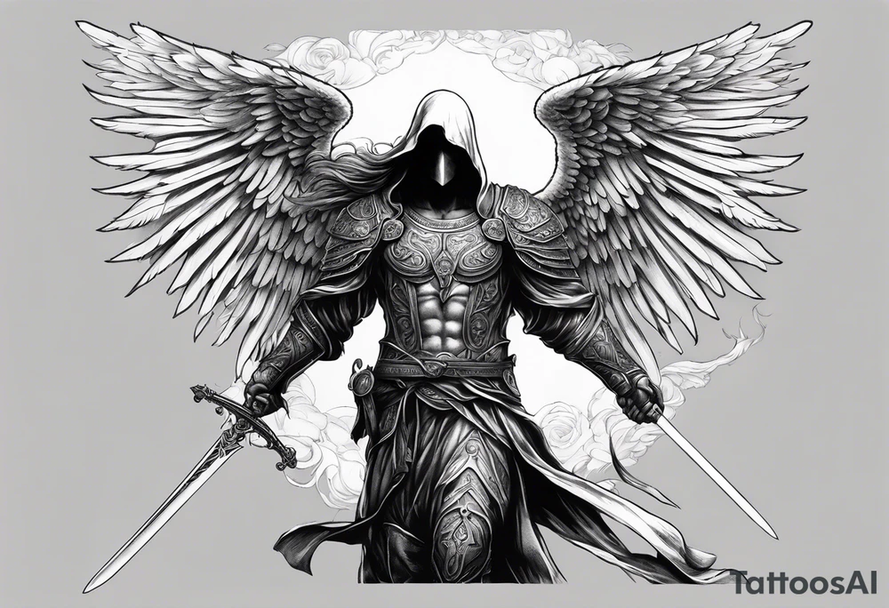 realistic angel of death, man, full body, no face visible, holding one sword, sword pointing downwards, both hands are holding the sword tattoo idea