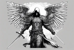 realistic angel of death, man, full body, no face visible, holding one sword, sword pointing downwards, both hands are holding the sword tattoo idea