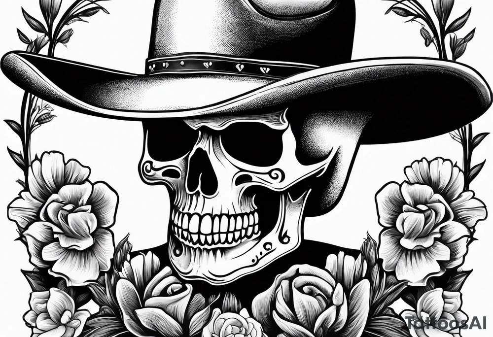 Mexican skull wearing cowboy hat with art paintbrushes and bluebonnets flowers tattoo idea