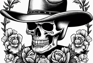 Mexican skull wearing cowboy hat with art paintbrushes and bluebonnets flowers tattoo idea