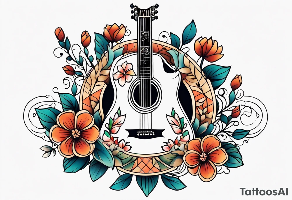 traditional vintage tattoo of guitar simple  flowers tattoo idea