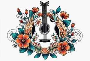 traditional vintage tattoo of guitar simple  flowers tattoo idea