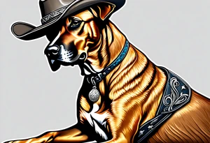 Western themed Rhodesian ridgeback wearing a cowboy hat tattoo idea