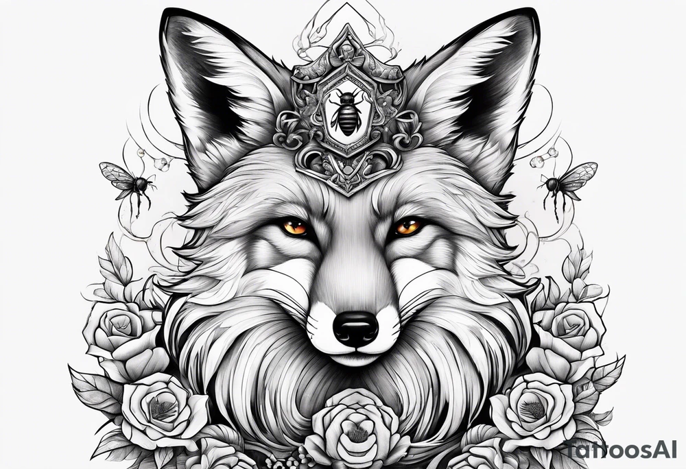 Fox with honey bee and ruby gemstone tattoo idea