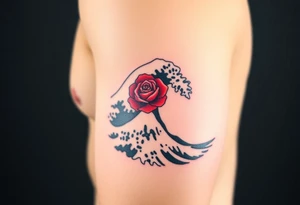 The Great Wave off Kanagawa With a red rose in the curve of the wave tattoo idea