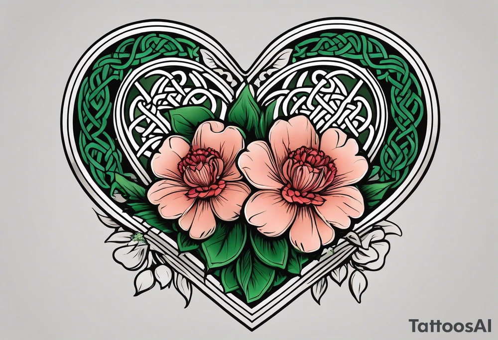 Irish Celtic symbol of love wedding ring with an Emrald green gem in the middle of the heart with a bundle of carnations, leaves, and narcissus coming out of the hands. Simple tattoo idea