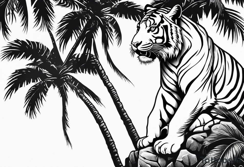 full tiger body climbing palm tree tattoo idea