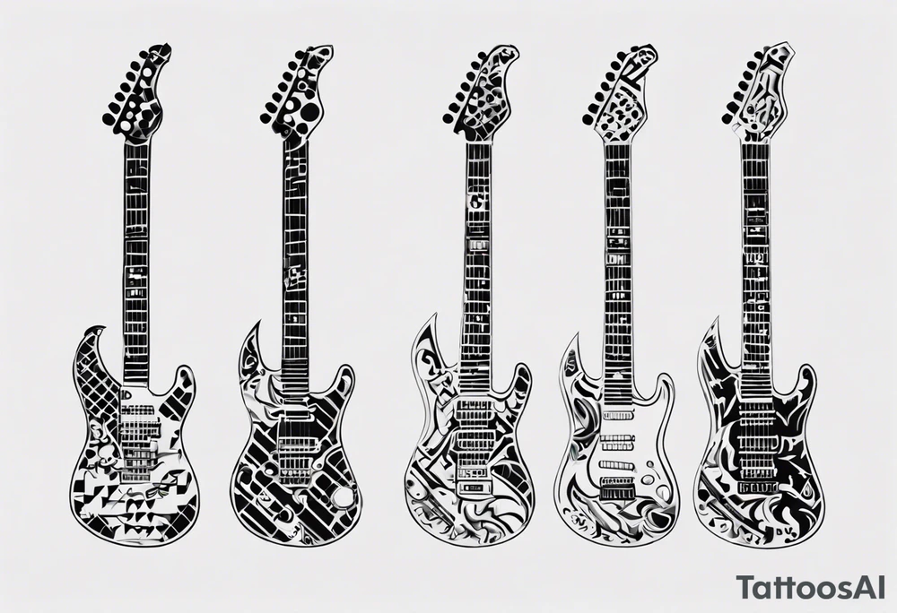 Create a unique vertical tattoo design inspired by my passion for the electric guitar and video games. Consider an abstract representation of musical notes and pixel graphics that fits well on the back of the forearm tattoo idea