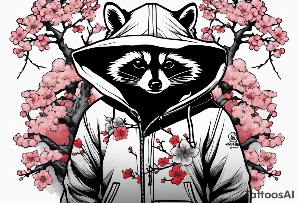 Raccoon wearing a Superman hoodie and Japanese cherry blossoms tattoo idea