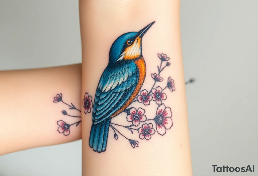 Angry bluebird surrounded by wild flowers tattoo idea