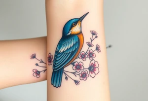 Angry bluebird surrounded by wild flowers tattoo idea