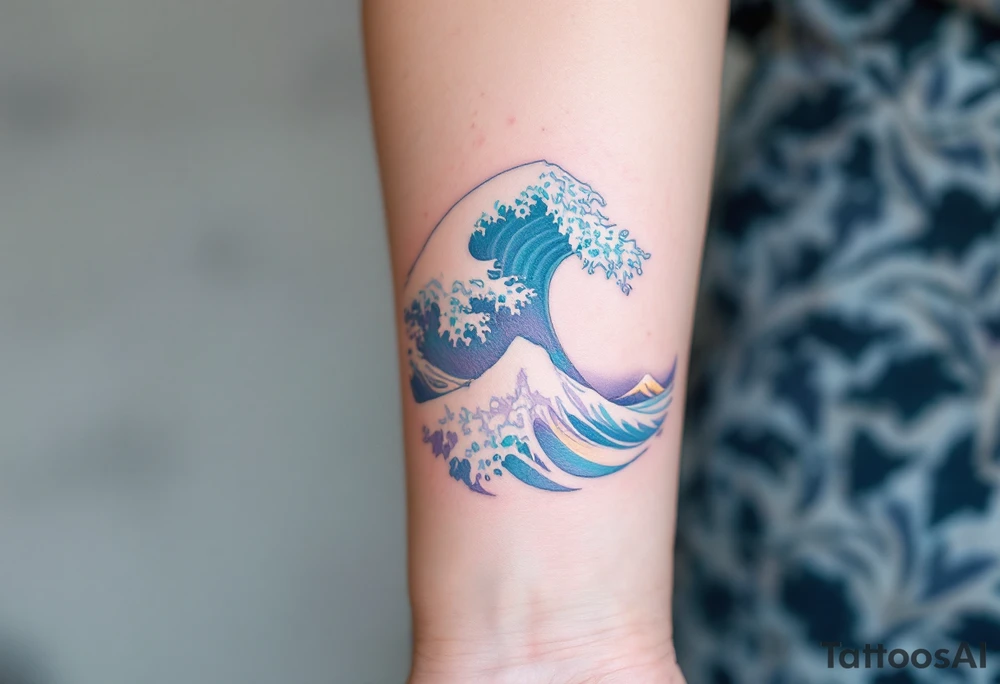 A wave inked in swirling tones of aquamarine and lavender hugs the inner forearm. tattoo idea