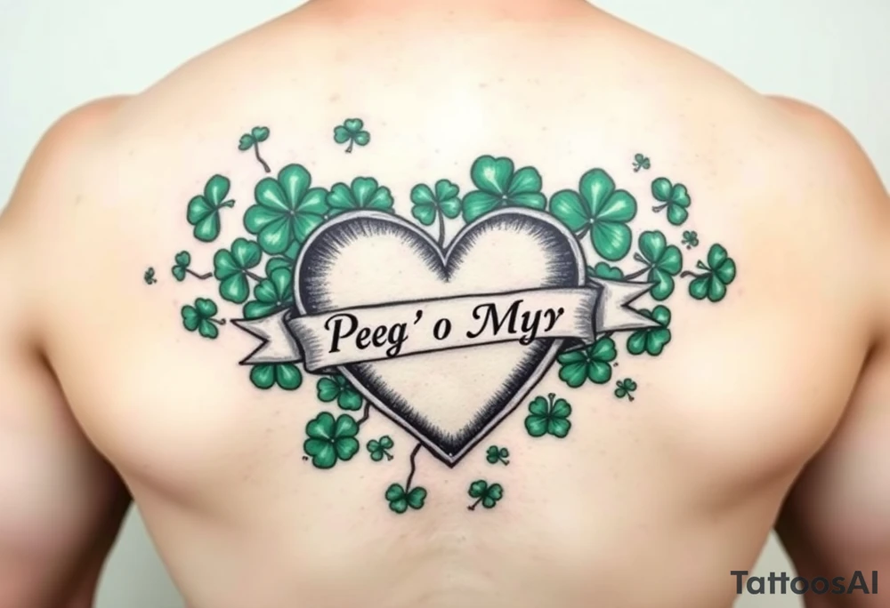 A ton of green shamrocks with a big heart with a banner across the heart that says Peg 'o My Heart tattoo idea