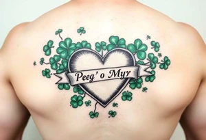 A ton of green shamrocks with a big heart with a banner across the heart that says Peg 'o My Heart tattoo idea