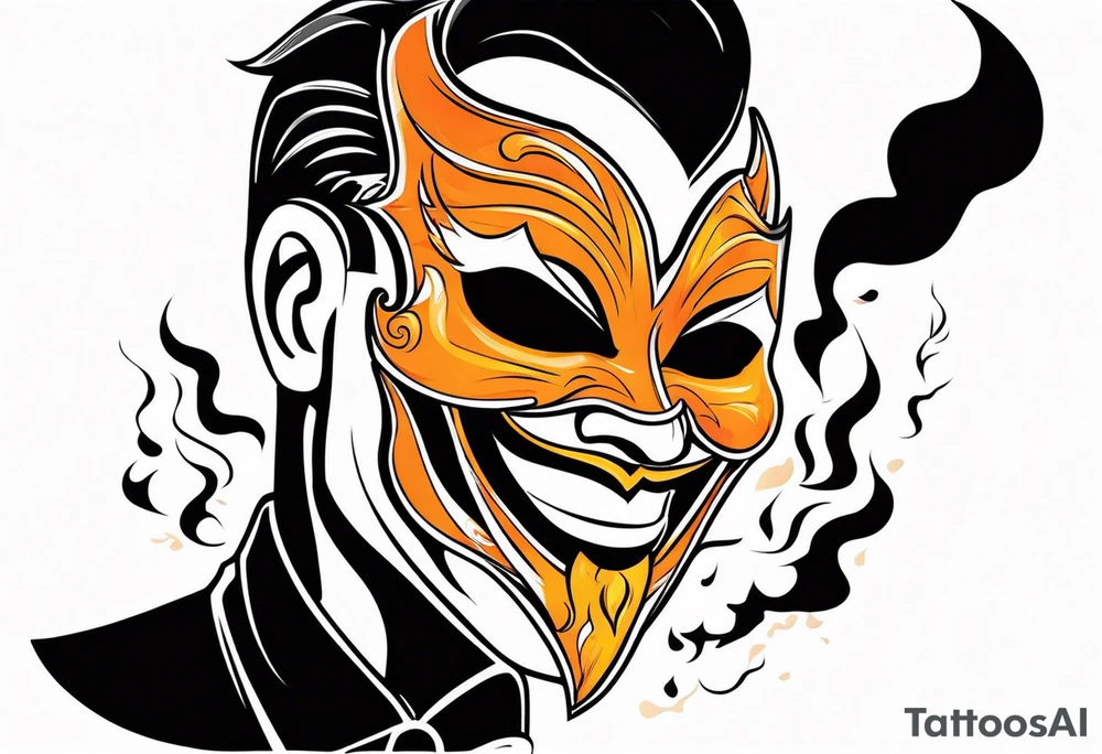 Laughing Male masquerade mask with orange and black smoke tattoo idea