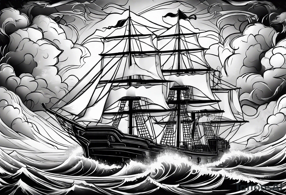 storm clouds with lightning surrounding a ship tattoo idea