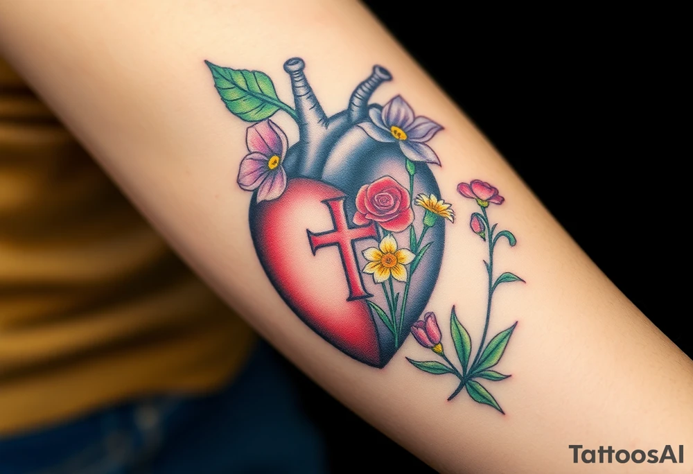 tattoo with heart
: one side representing death and the other life. (from death to life) with a simple cross down the middle. The life side I'd like the following flowers growing out of it: Morning Glory, Lily of the Valley, Daffodil, Rose, Poppy, and Iris tattoo idea