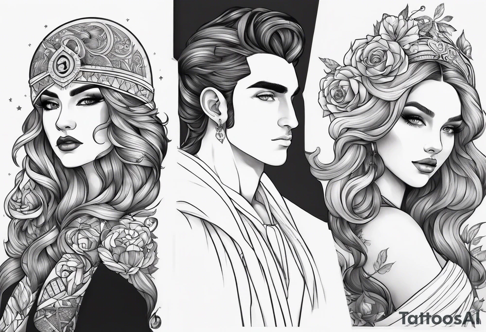 I want an image of an Aries man, a Cancer woman, and a Libra man that balances the two. tattoo idea