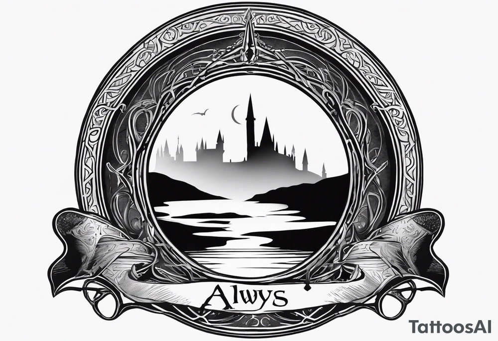 Lord of the rings. Small and very simple. Include Round hobbit door, gandalfs staff, barad dur silhouette in background, the word “always” subtly somewhere, Harry Potter wands tattoo idea