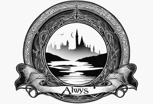 Lord of the rings. Small and very simple. Include Round hobbit door, gandalfs staff, barad dur silhouette in background, the word “always” subtly somewhere, Harry Potter wands tattoo idea