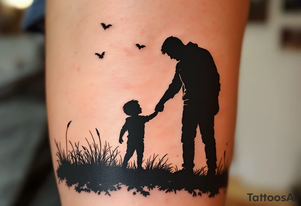 A black and grey silhouette of a father holding his son's hand at sunset, with soft orange and gold hues in the background. tattoo idea