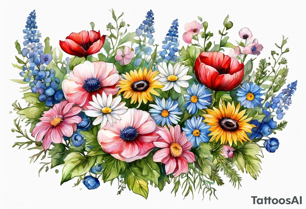 an oval of wildflowers cascading with thistles, ferns, white anemones, sun flowers, red flowers, blue flowers, buttercups, pink flowers, babys breath and daisies all in watercolor tattoo idea