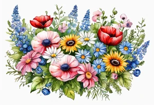 an oval of wildflowers cascading with thistles, ferns, white anemones, sun flowers, red flowers, blue flowers, buttercups, pink flowers, babys breath and daisies all in watercolor tattoo idea