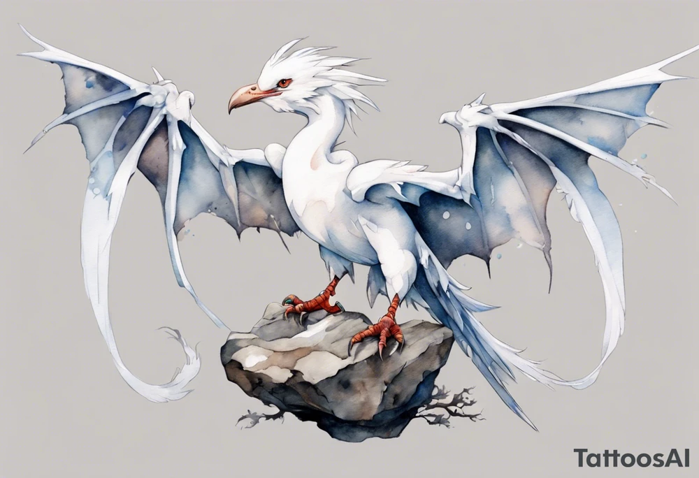 a white bird-wyvern hybrid wearing a plain iron bracelet around leg, perched on a stone tattoo idea
