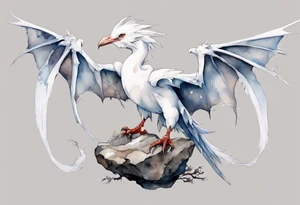 a white bird-wyvern hybrid wearing a plain iron bracelet around leg, perched on a stone tattoo idea