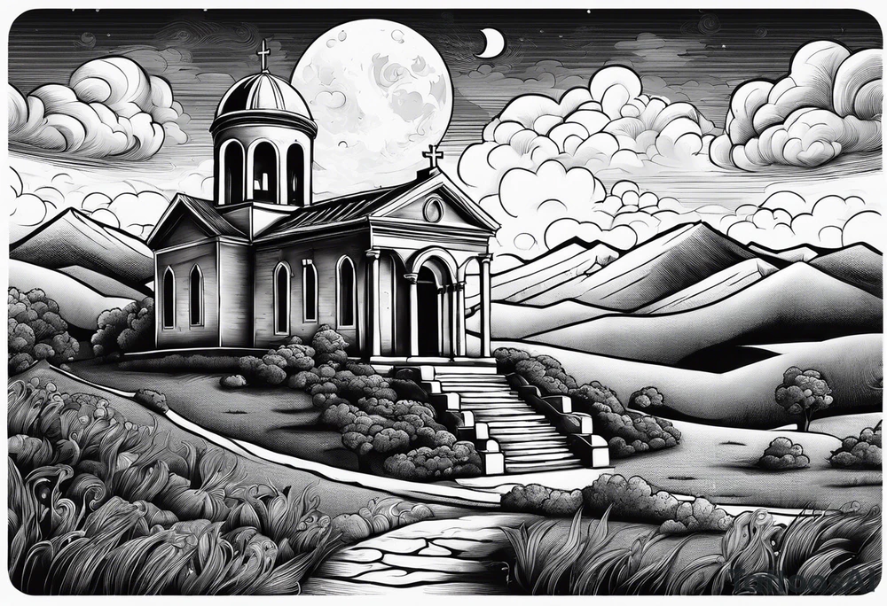 Graveyard with moon and greek church on hills with clouds tattoo idea