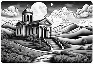 Graveyard with moon and greek church on hills with clouds tattoo idea