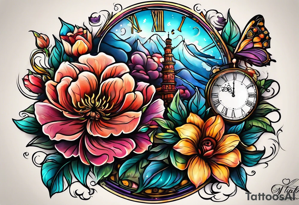 The words “when the time is right I the lord will make it happen” with flowers and clouds tattoo idea
