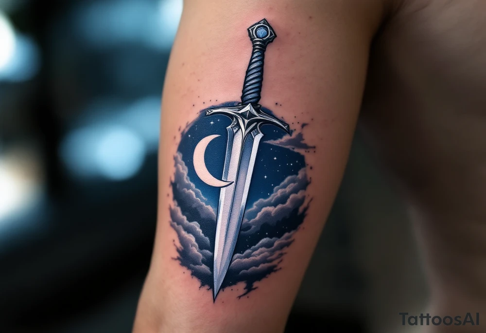 Moonlit Dagger – A dagger with a crescent moon etched into the blade, the moon in soft white and the blade in dark gray with subtle silver highlights. The background is filled with soft blue tones, evoking a night sky. tattoo idea