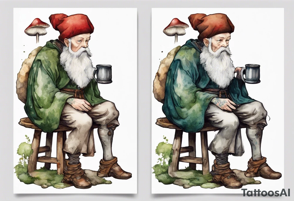 a mushroom with a mossy beard wearing medieval clothes sitting on a stool drinking from a stone mug tattoo idea